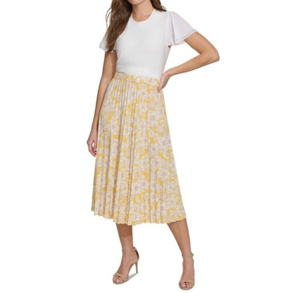 Tommy Hilfiger Women's Floral-Print Pull-On Pleated Midi Skirt Beige Yellow XL